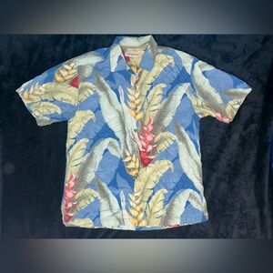 Tommy Bahama Shirt Mens M Blue 100% Silk Hawaiian Floral Button Up Aloha Beach